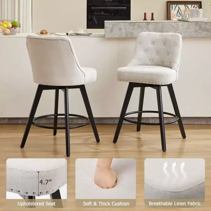 Bar Stools, Set of 4 Counter Height 26 in H Swivel Bar Stools with Back, Wood Legs Upholstered Linen Beige