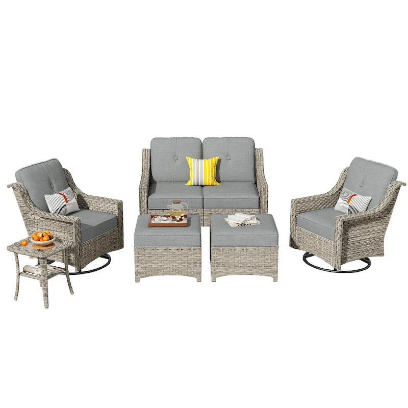 HOOOWOOO 6-piece Wicker Furniture Patio Loveseat Sofa Conversation Set with Swivel Chair