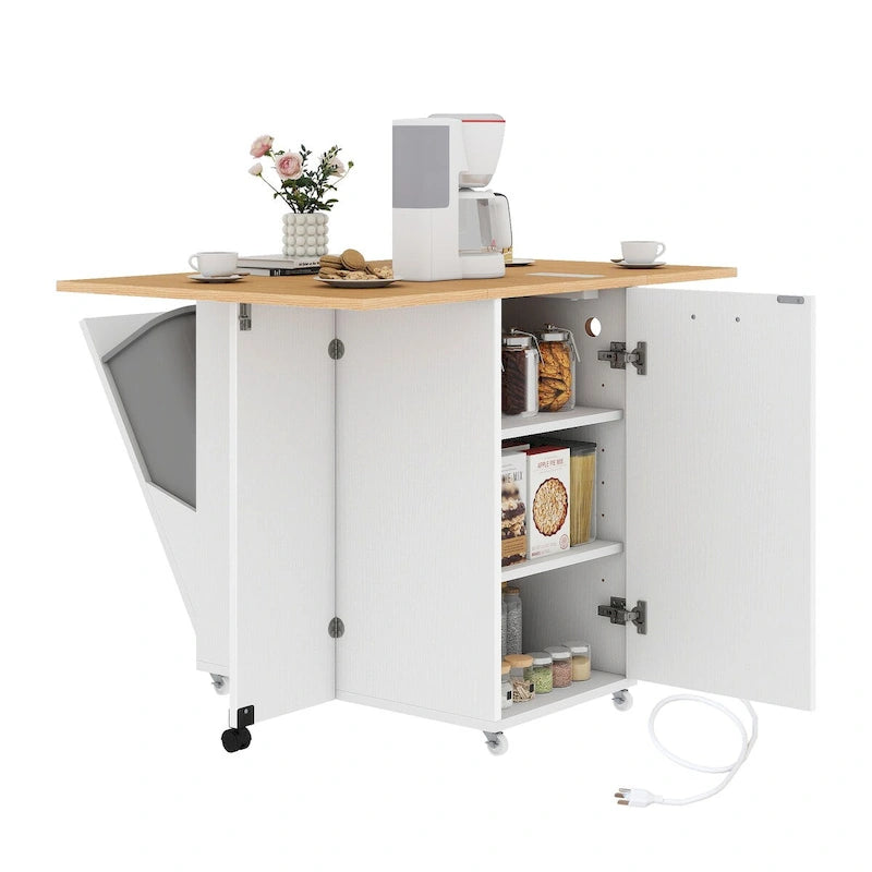 Foldable Kitchen Island With Trash Can Storage Cabinet & Power Outlet