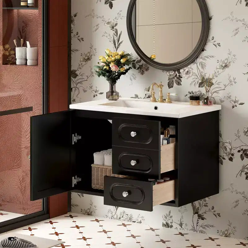 Rattan Wall-Mount Floating Bathroom Vanity with Sink, Black Painted Finish, Storage Cabinet, 2 Drawers, Rattan Door, and Ceramic Top