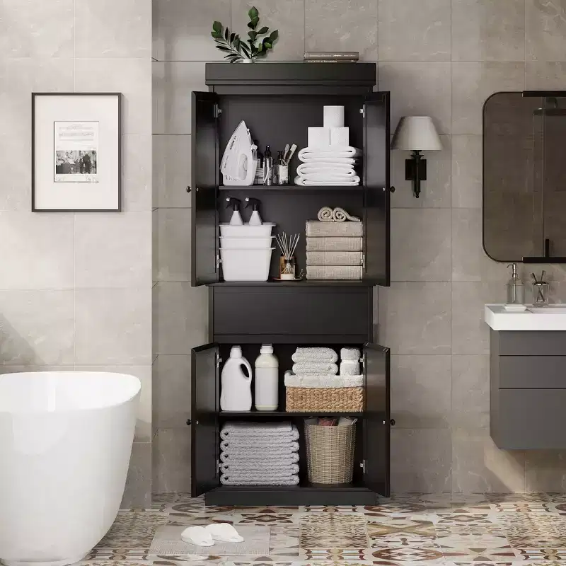 Rattan Kitchen Pantry Storage Cabinet,Cabinet,69 Freestanding Cupboard Cabinet with Drawer with Doors and Adjustable Shelves for Bathroom