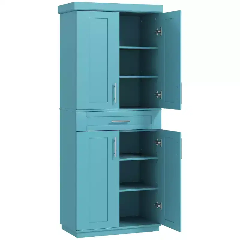 Modern Kitchen Pantry Freestanding Cabinet Cupboard with Doors and Drawer, Adjustable Shelving