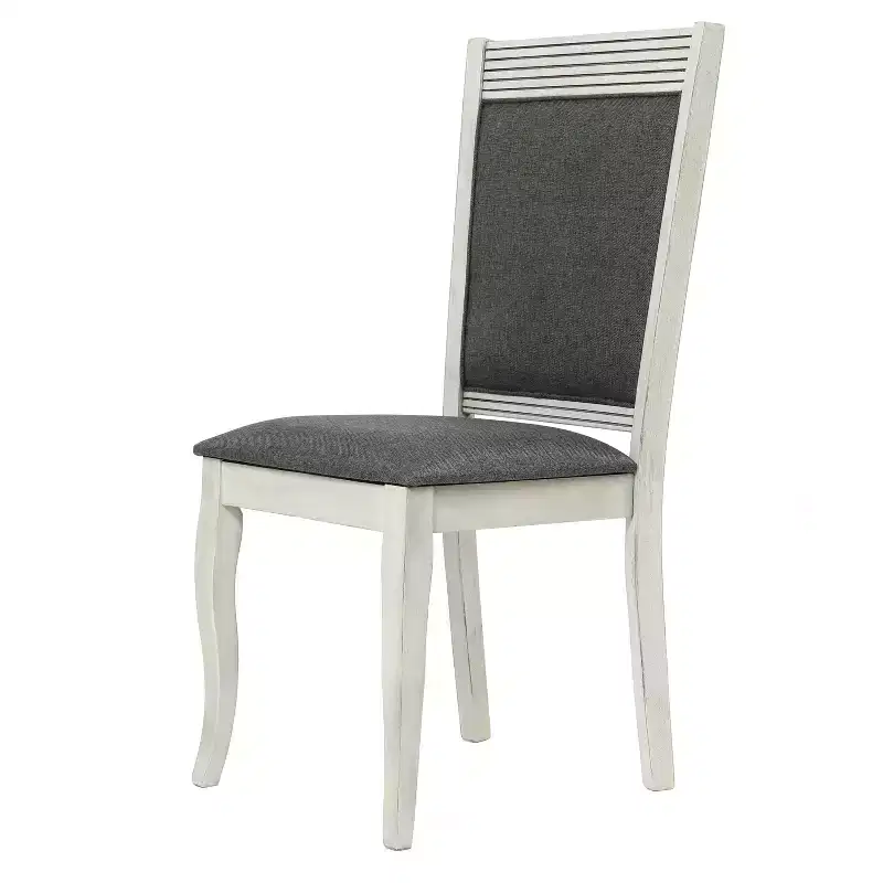 LuxenHome Set of 2 Distressed Off White Rubberwood and Gray Upholstered Dining Chair