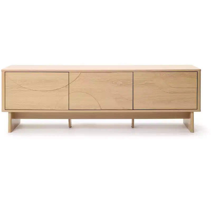59-Inch TV Console 3 Doors Geometric Carved Front Light Wood Japandi