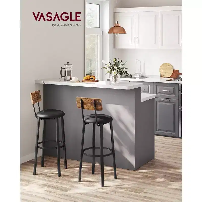 VASAGLE Bar Stools, Set of 2 PU Upholstered Breakfast Stools, 29.7 Inches Barstools with Back and Footrest, for Dining Room Kitchen Counter Bar