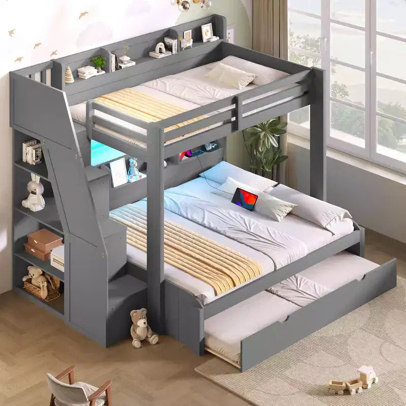 Whisen Twin over Full Bunk Bed Frame with Storage Staircase, Trundle, Storage Shelves