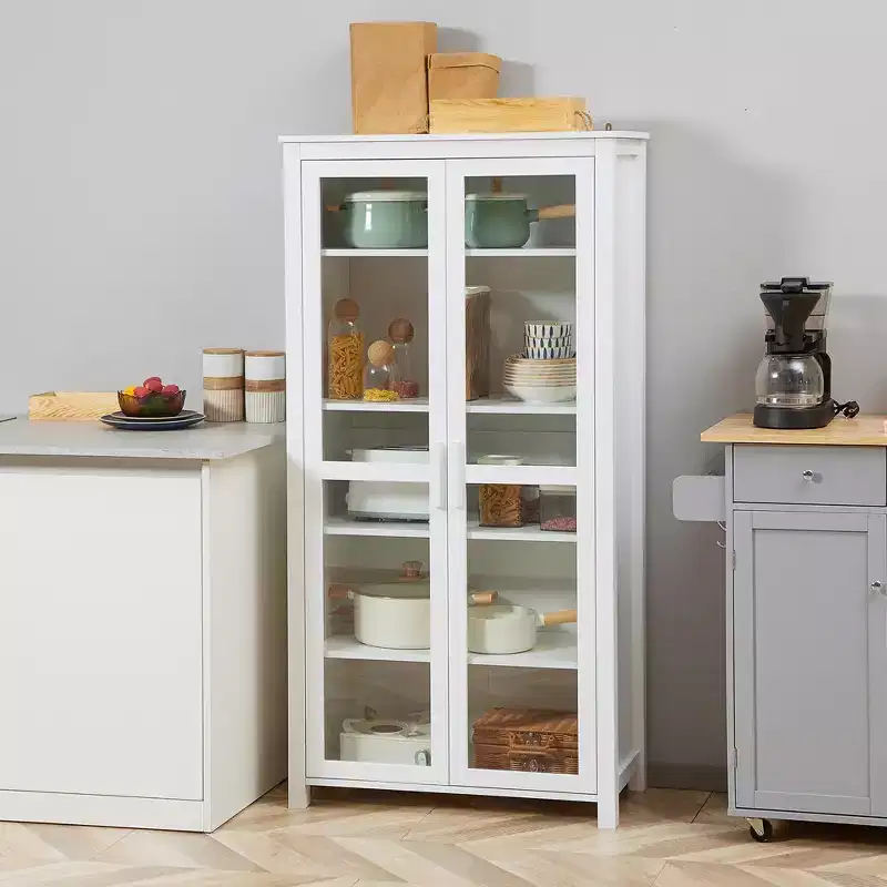 HOMCOM Freestanding Kitchen Pantry, 5-tier Storage Cabinet with Adjustable Shelves and 2 Glass Doors, White