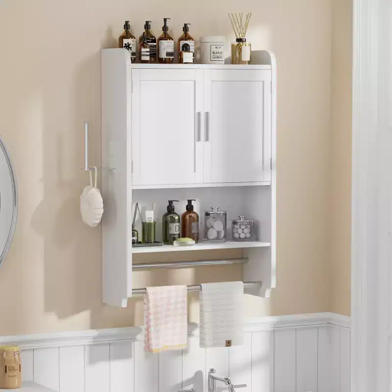 VECELO Bathroom Storage Cabinet, Wall Mount Storage Organizer with 2 Doors & 1 Open Shelf, White