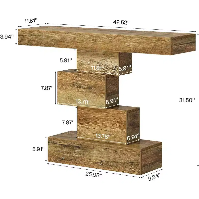 Lantine 42.5 Farmhouse Console Table, Narrow Wood Sofa Table Behind Couch with Geometric Base, Light Brown