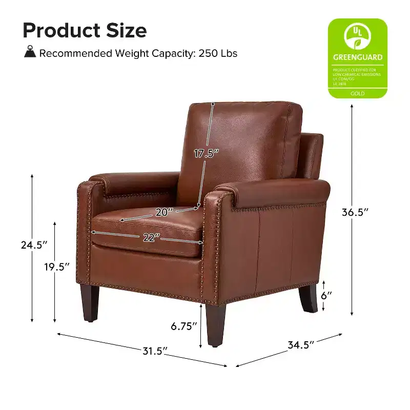 Hellmuth Genuine Leather Armchair with Removable Cushion and Nailhead Trims | HULALA HOME