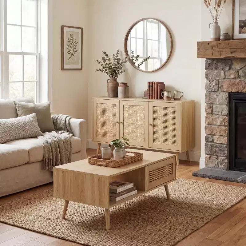 Brown Rattan-Style 2-Piece Living Room Set (TV Stand + Coffee Table), Seats 1