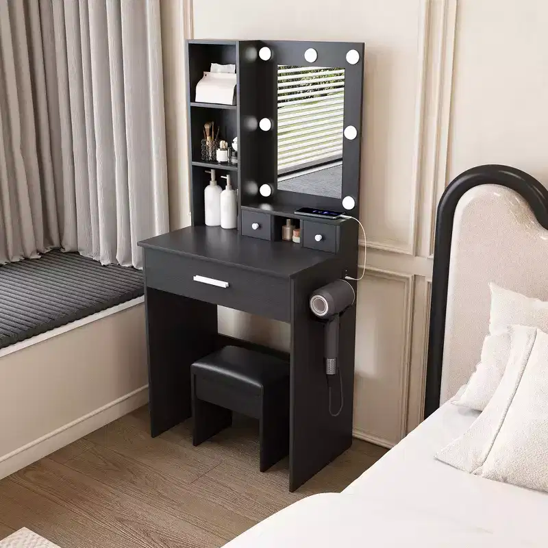 Modern Vanity Table with Mirror, Adjustable LED Lights, Power Outlet & Stool