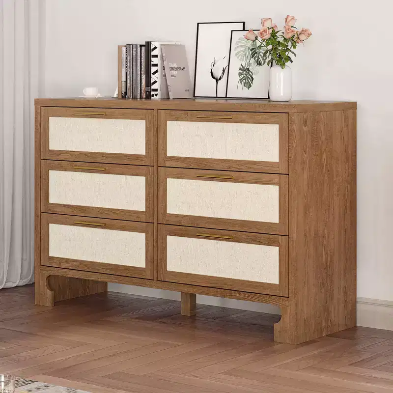 6 Drawers Dresser for Bedroom, Mid Century Modern Dresser Wooden Burlap Dressers, Storage Cabinet