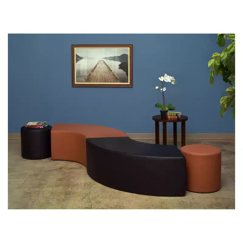 Round Plush Ottoman Navy Blue Vinyl