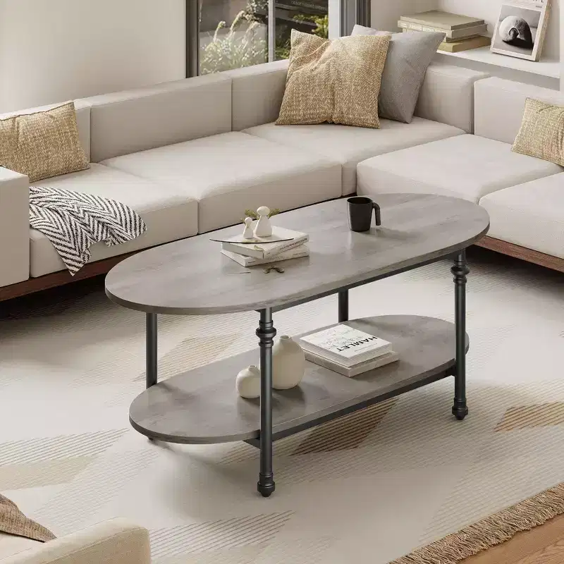 Farmhouse Oval Coffee Table w/Storage, 2-Tier Wood Center Table for Living Room, Modern Coffee Table for Small Space, Office, Apartment