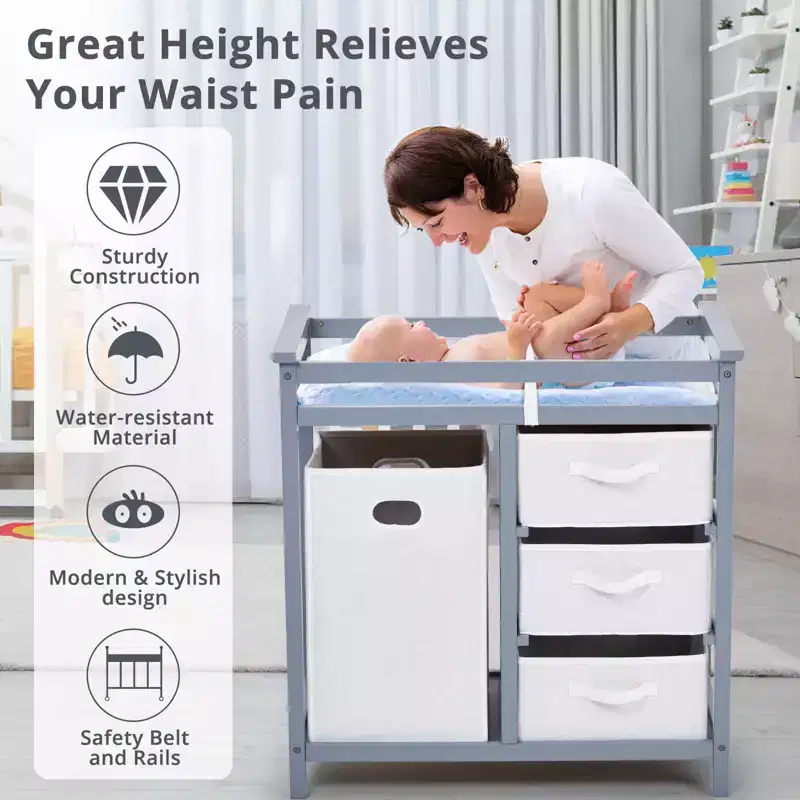 36 Modern Baby Changing Table Dresser with 3 Drawers & Laundry Hamper  Nursery Furniture