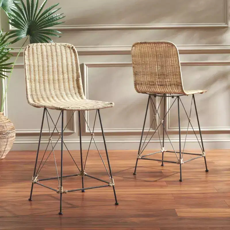 Weaved Rattan Counter Stool Set of 2