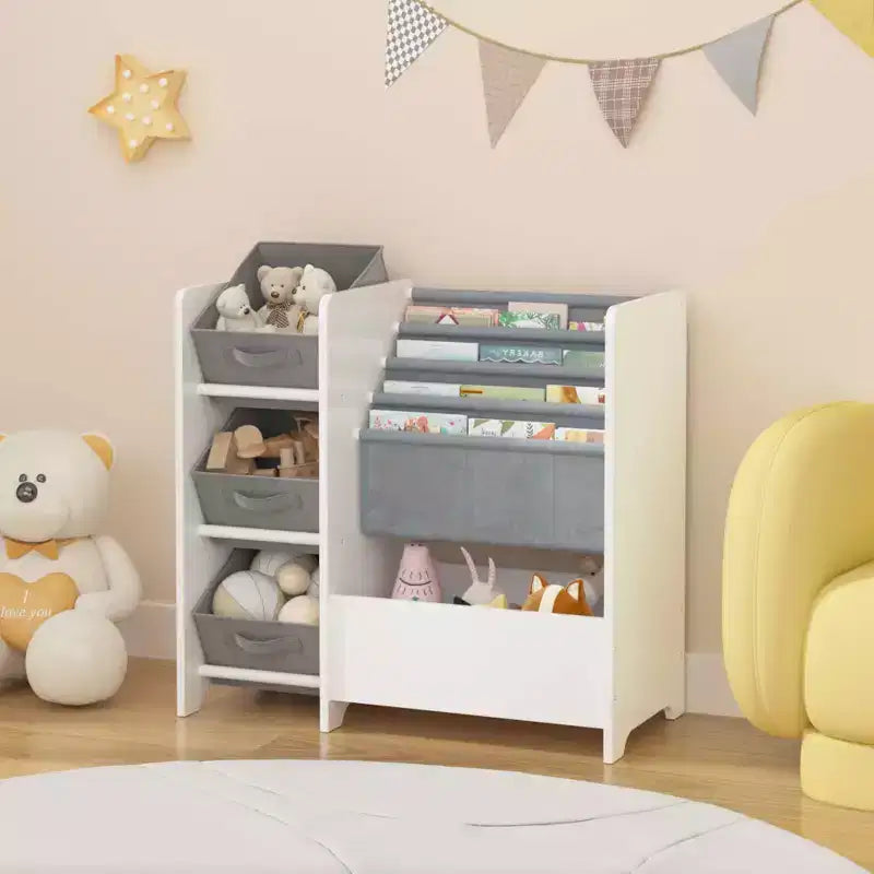 MAYEERTY Kids Booksheld and Toy Storage Organizer, Multifunctional 4 Tier 3 Collapsible Fabric Drawers, Book Display in Room Playroom