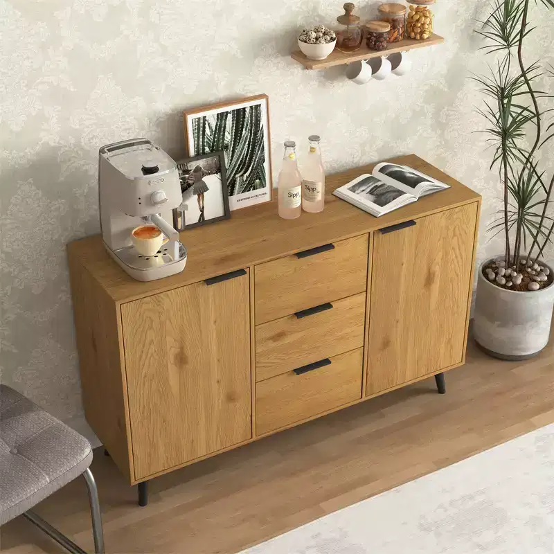 Sideboard Buffet Cabinet With Storage, Wood Coffee Bar Cabinet, Console Cabinet With 3 Drawers & 1 Door, Kitchen Buffet Cabinet Cupboard Natural