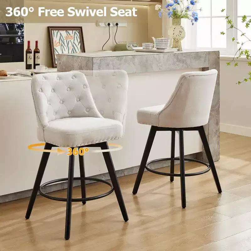 Bar Stools, Set of 4 Counter Height 26 in H Swivel Bar Stools with Back, Wood Legs Upholstered Linen Beige