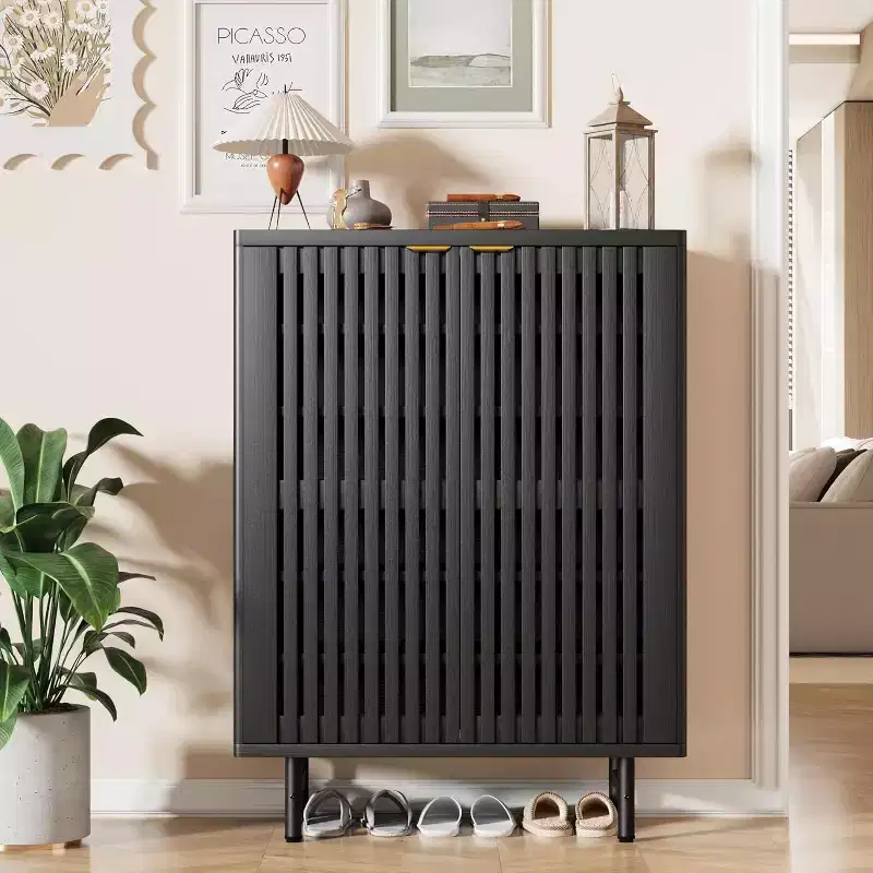 6-Tier Shoe Cabinet with Doors, Wooden Shoe Storage Cabinet Organizer, Louvered Doors, Freestanding Narrow Entryway Hallway Shoe Rack, Holds 24 Pairs
