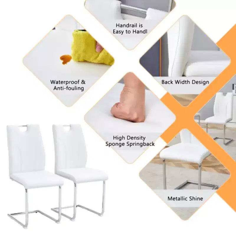 2 White PU Dining Chairs with Silver Metal Legs - Versatile Design Set