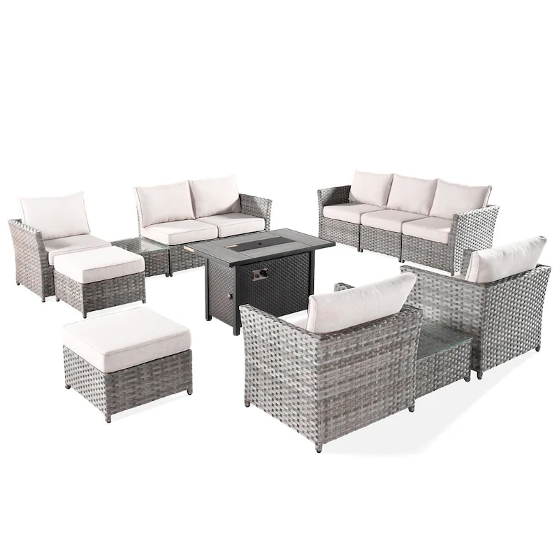 HOOOWOOO 13-piece Wicker Rattan Patio Sectional Conversation Set with Fire Pit