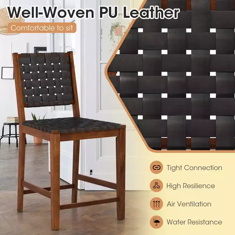 Costway Woven Bar Stools Set of 2 Counter Height Dining Chairs Faux PU Leather Kitchen