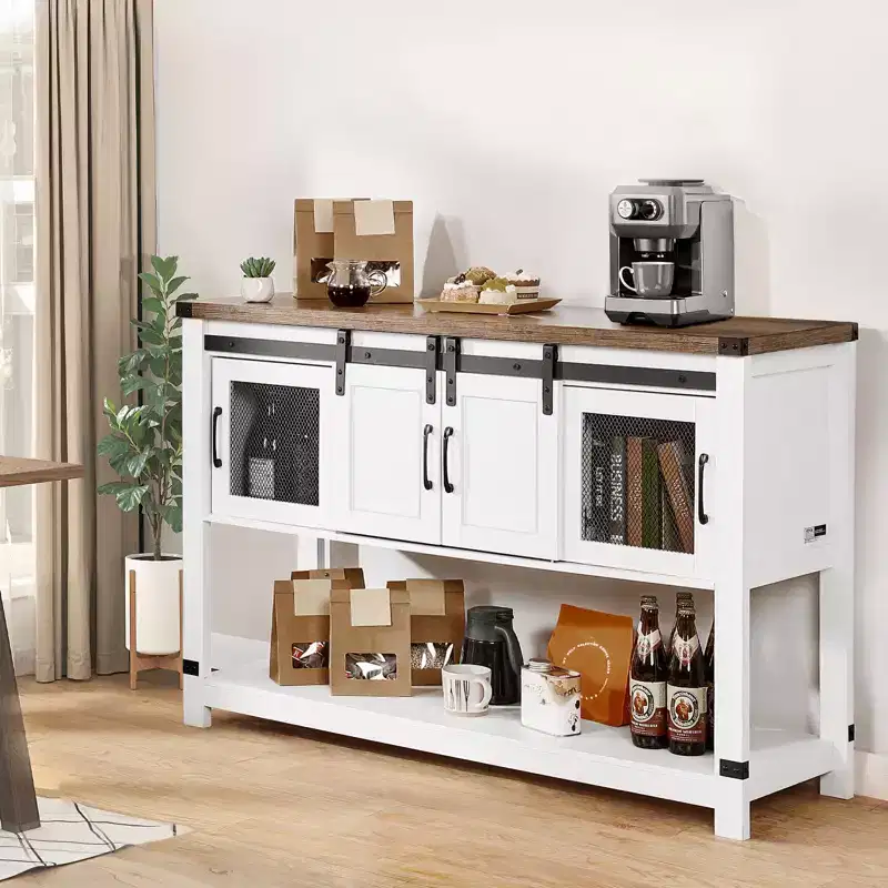 VEVOR Coffee Bar Cabinet, 47.3 x 15.7 x 32.7 in Farmhouse Coffee Bar Cabinet with 4-Tier Storage, Coffee Bar Table with Barn Doors, White