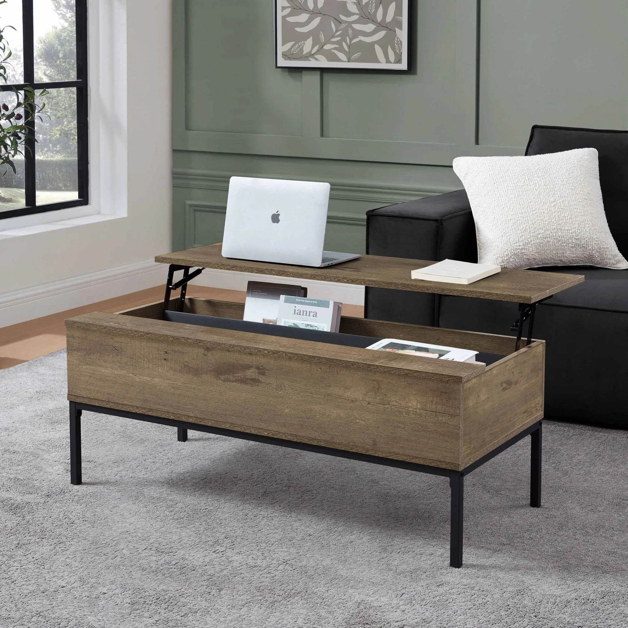 Modern Natural Mango Wood Lift-Top Coffee Table with Hidden Storage for Living Room