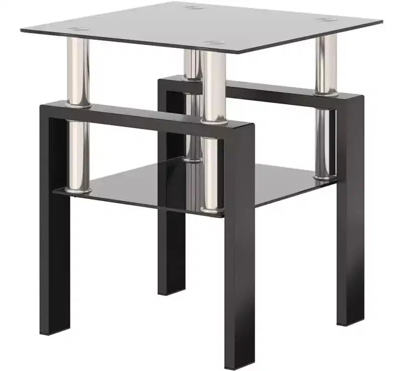 Modern 2-Tier Square Coffee Table with Tempered Glass Top