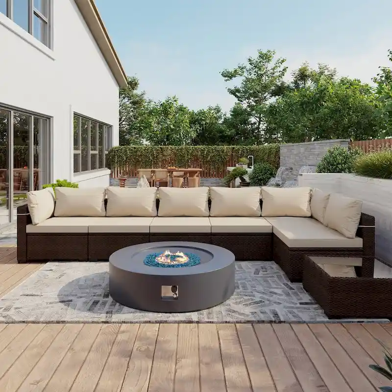UPHA 8 Pieces Patio Furniture Set with 50,000 BTU Propane Fire Pit Table, Beige / Navy Blue Cushions