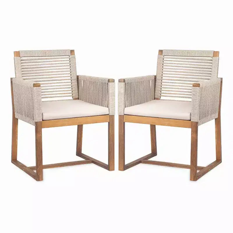TUYOHW Acacia Wood Outdoor Dining Chairs Set of 2,Rope Design Back Patio Armchairs with Washable Cushions,400lb Capacity,Light Brown