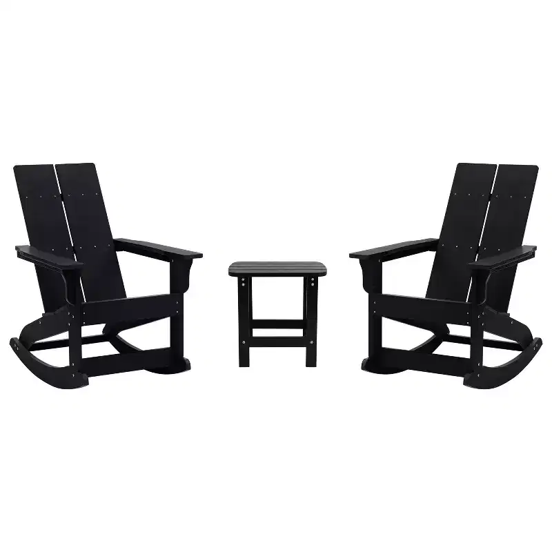 Emma and Oliver Set of 2 Harmon Modern All-Weather Poly Resin Adirondack Rocking Chairs with Side Table for Outdoor Use