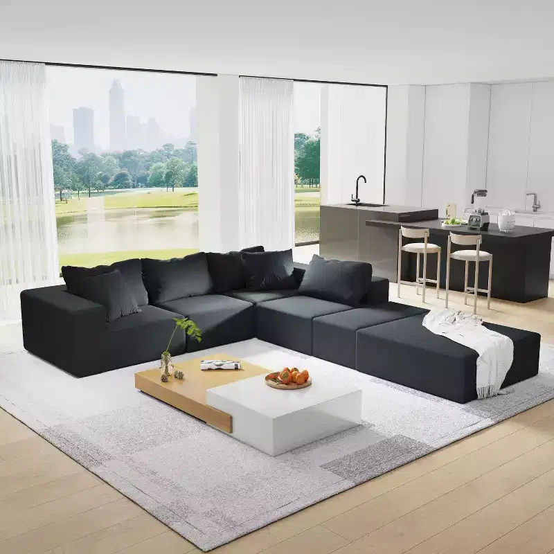 Modern Upholstered Sectional Sofa Couch Set, Modular 132 L-Shaped Sectional Living Room Sofa Set with 6 Cushions