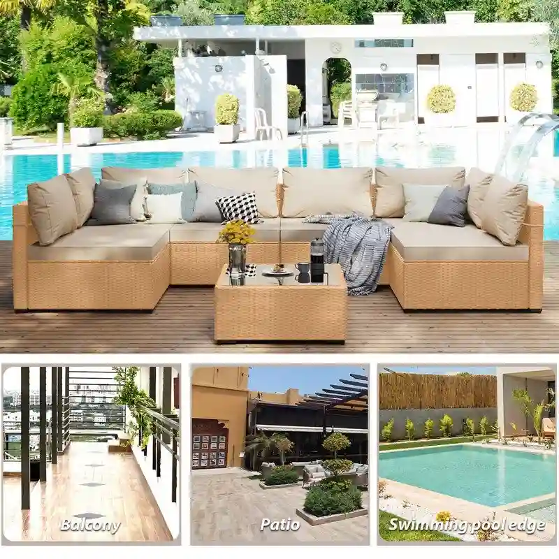 Patio Watcher 7-Piece Patio Yellow Wicker Sectional Seating Group with Cusions and Side Table