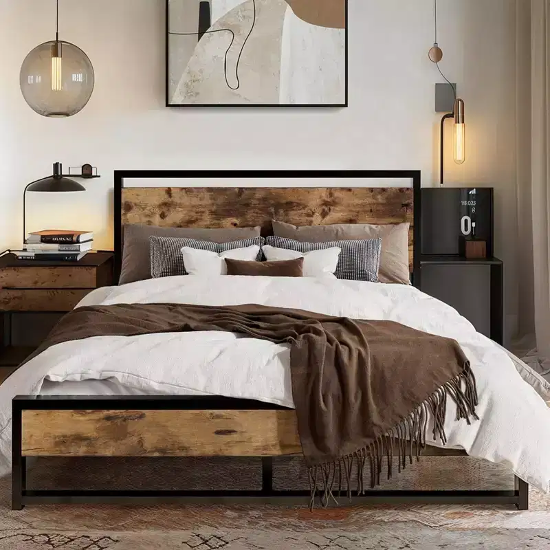Allewie Metal Bed Frame with Rustic Headboard & Footboard, Sturdy Frame Construction, No Box Spring Needed