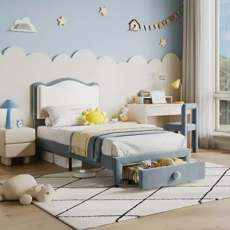 Children's bed frame, toddler mattress with headboard and storage drawers, made of sturdy wood slats, easy to assemble, no spring mattress required.