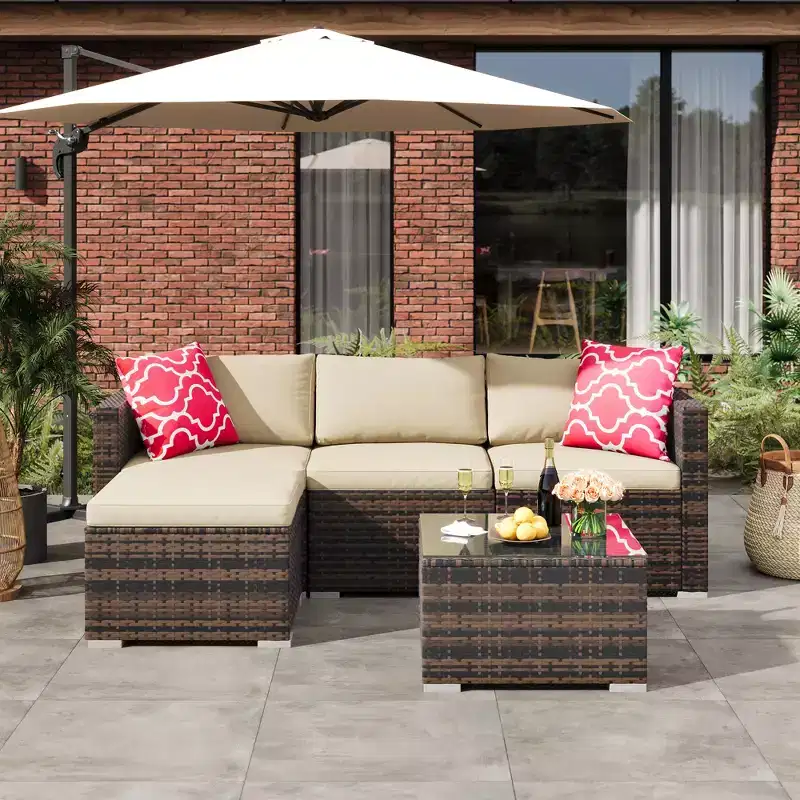 5-Piece All-Weather Patio Furniture Set, Convertible Outdoor Sectional Sofa with Ottoman & Tempered Glass Table, Rattan Conversation Set for Garden