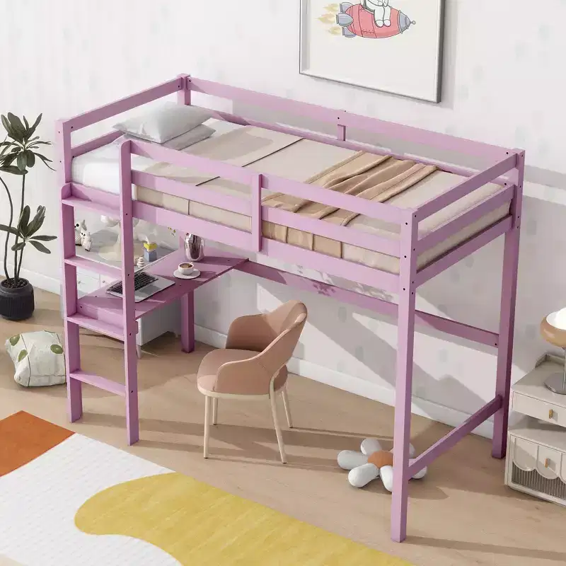 Twin High Loft Bed with Safety Guardrail, Bulit-in Desk, Ladder Pink