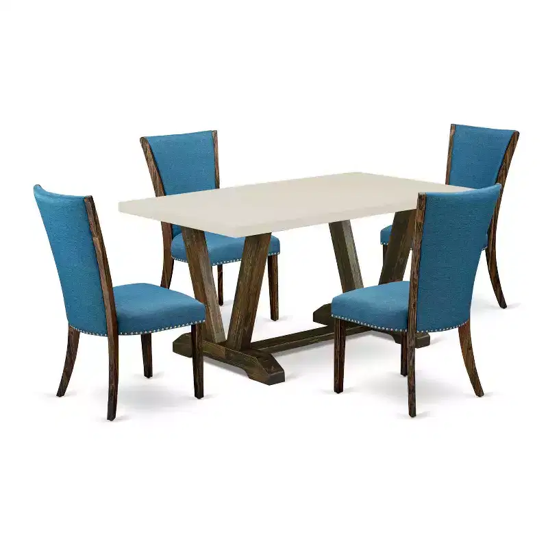 5-Piece Distressed Jacobean Finish Solid Wood Top Dining Table with 4 Parson Chair