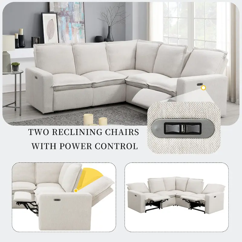 L-Shaped 5-Seater Power Recliner Sofa with USB Port