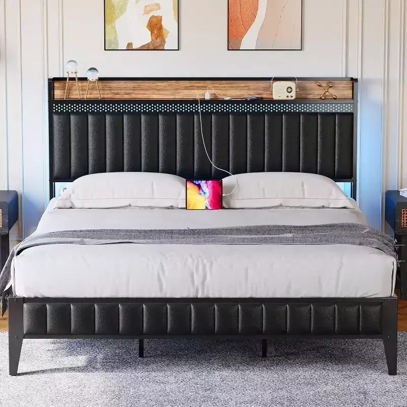 1-Piece XBT Modern LED Bed - PU Headboard with Charging Station, RGB Lights & Storage, No Box Spring Metal Frame