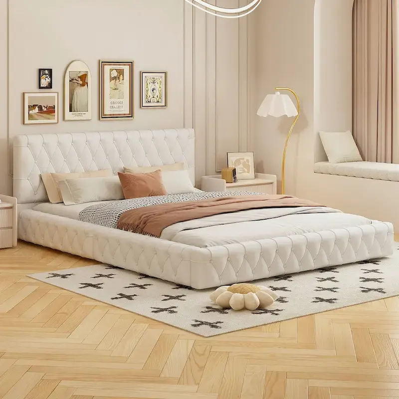 Queen Size Upholstered Bed with Tufted Headboard