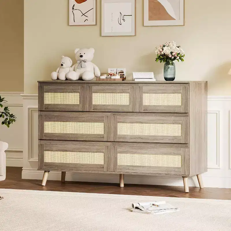 COZONY 7-Drawer Rattan Dresser, Modern Wood Storage Cabinet with Woven Fronts, Wide Chest of Drawers for Bedroom Living Room Nursery