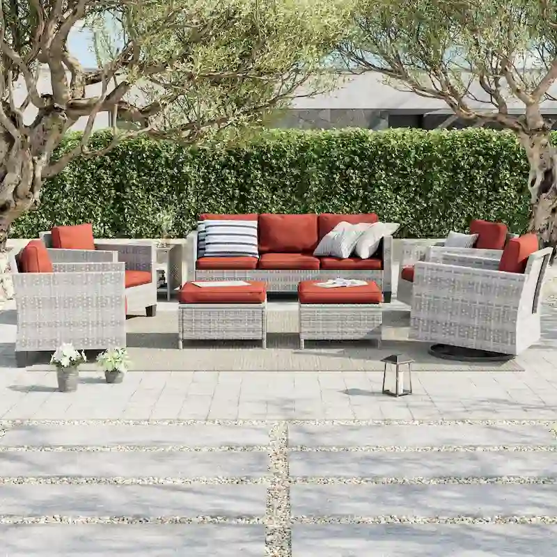 LIVOOSUN 8Pcs Patio Rocking Swivel Chair Sectional Brown Wicker Ottoman Sofa Set