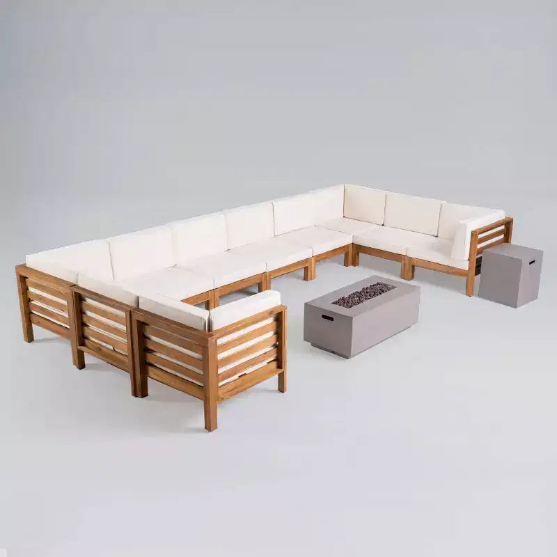 Oana 12pc Acacia U-Shaped Sectional Sofa Set with Fire Pit - Teak/Beige and Light Gray - Christopher Knight Home