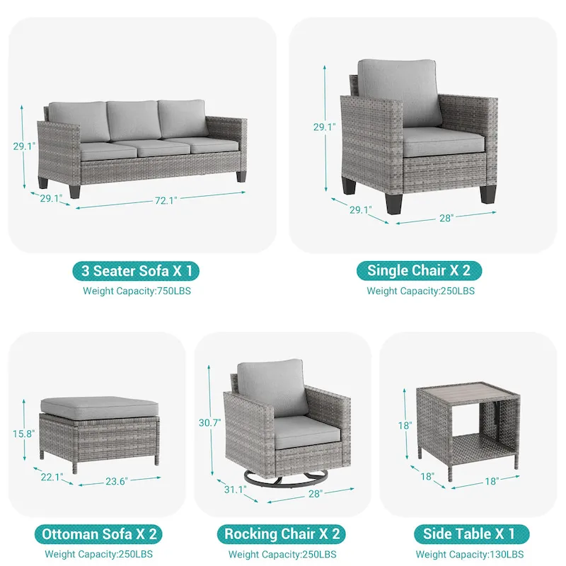 LIVOOSUN 8Pcs Patio Rocking Swivel Chair Sectional Brown Wicker Ottoman Sofa Set