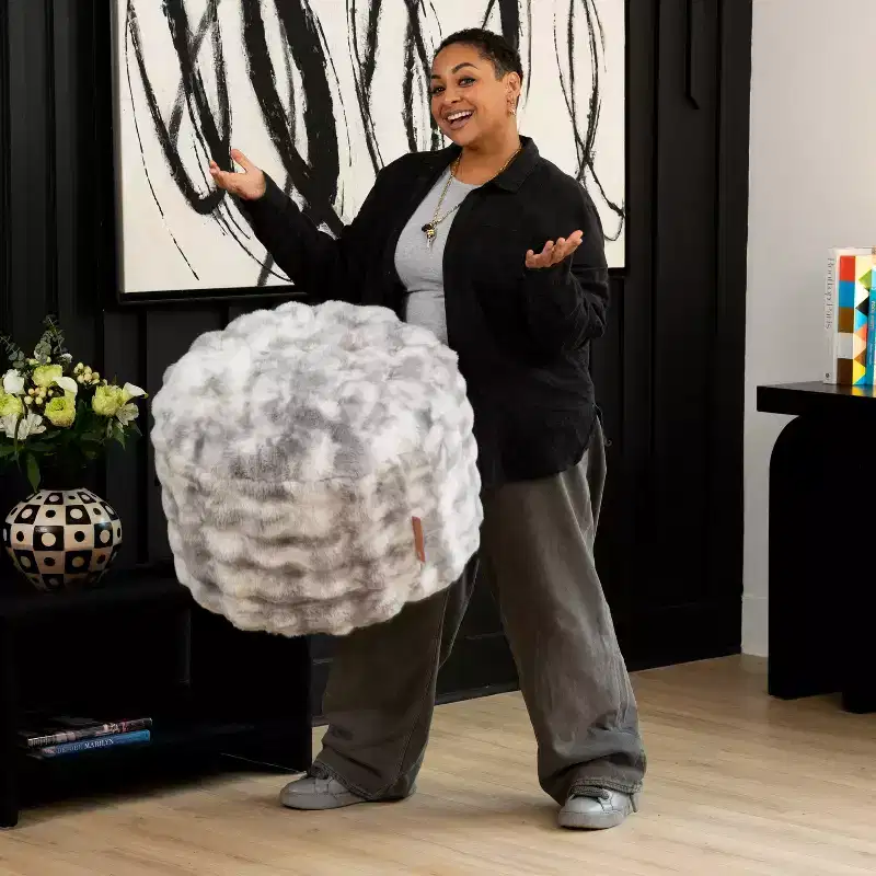 Raven Round Ottoman Accent Pouf by Raven-Symon Home - Faux Fur