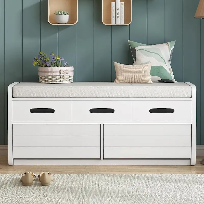 White/Navy/Espresso/Natural Wood Rustic Storage Bench with Drawers – Seats 1–2